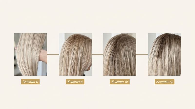 Diagrama de ciclo de retoques champagne blonde vs loiro platinado: 10-12 semanas entre visitas vs 4-6 semanas, com indicadores de produto usado por serviço