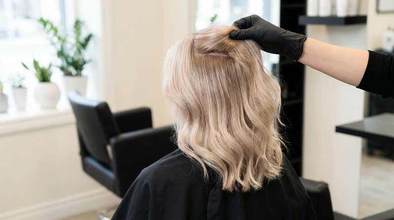 Natural root regrowth showing low contrast against champagne blonde lengths, seen from behind in the salon
