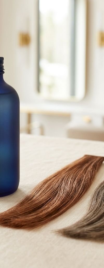 Bottle of blue shampoo beside two lightened brunette hair swatches on pale linen, one copper-toned and one cooler