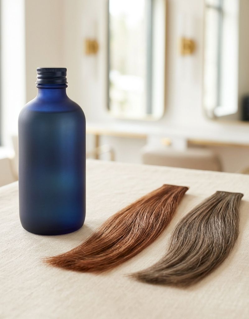 Bottle of blue shampoo beside two lightened brunette hair swatches on pale linen, one copper-toned and one cooler