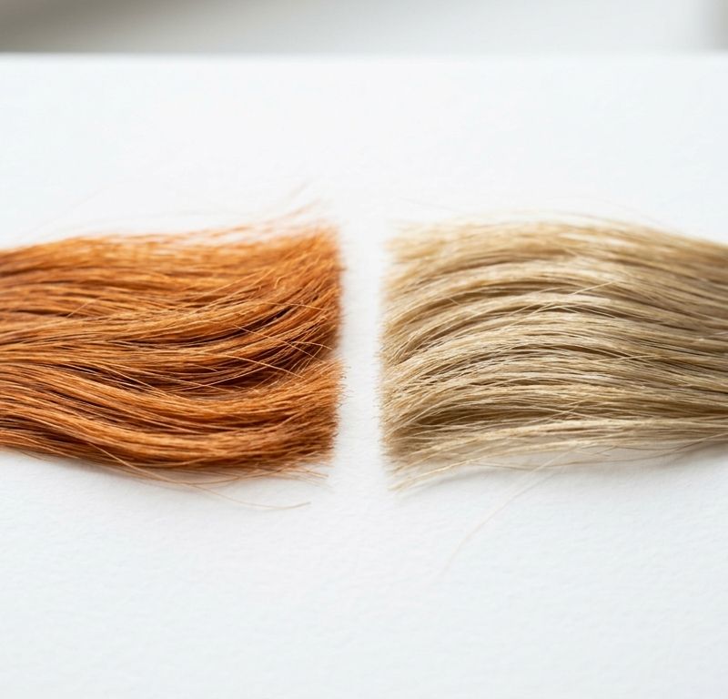 Two lightened brunette hair swatches on a white background in daylight, the left one copper-toned and the right one pale straw-gold