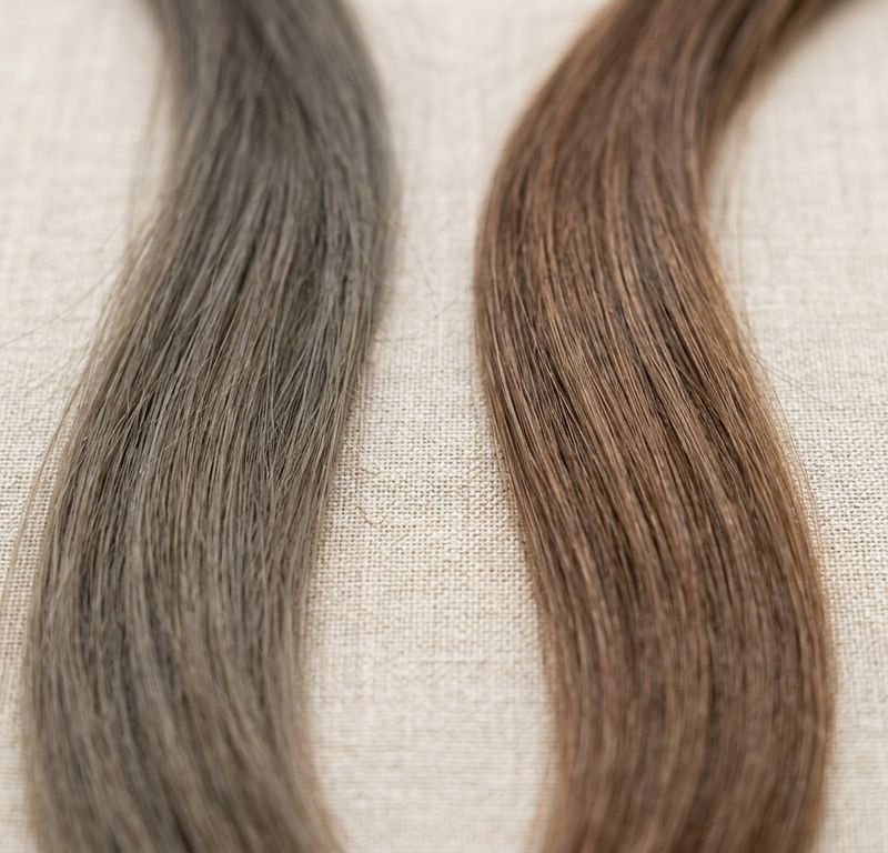 A brunette hair swatch with dull greyish ends from blue pigment buildup, next to a healthy shiny swatch, on a neutral background