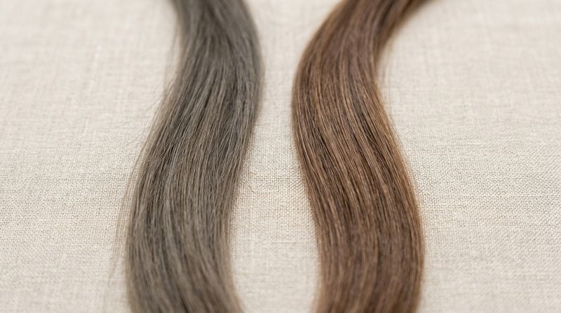Mechón de pelo castaño con las puntas apagadas y grisáceas por acumulación de pigmento azul, junto a un mechón sano con brillo, sobre fondo neutro