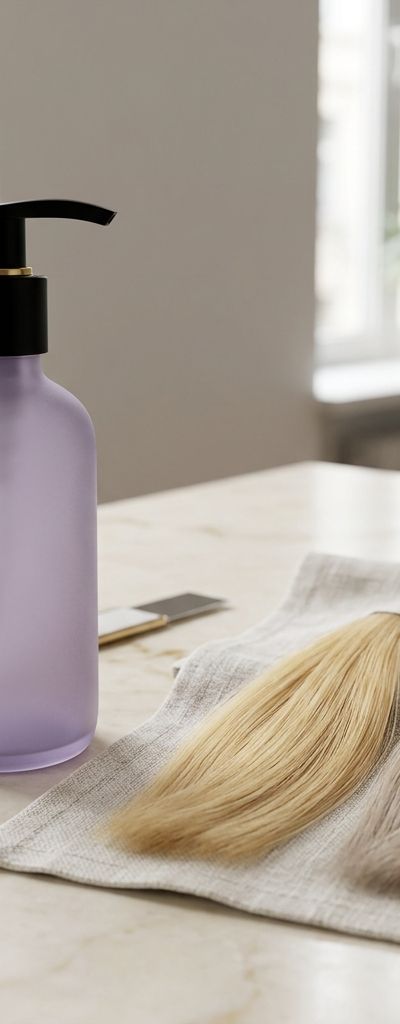 Bote de champú morado junto a dos mechones de pelo rubio sobre lino claro, uno con reflejo amarillo pajizo y otro más frío