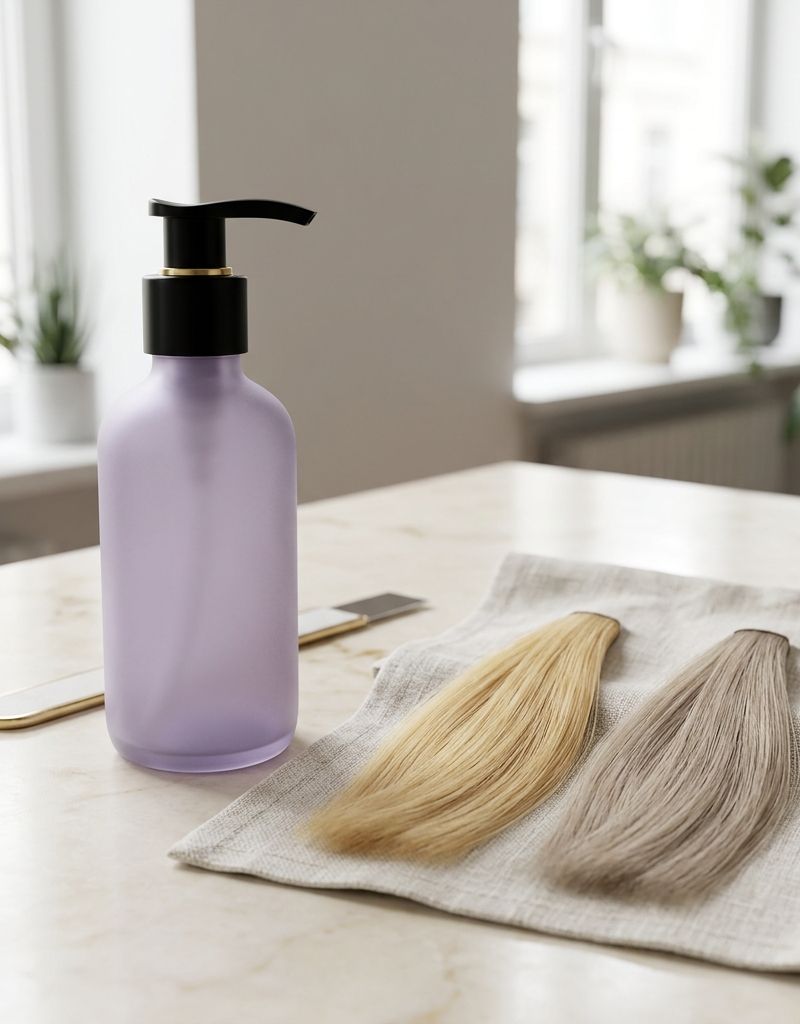 Bote de champú morado junto a dos mechones de pelo rubio sobre lino claro, uno con reflejo amarillo pajizo y otro más frío