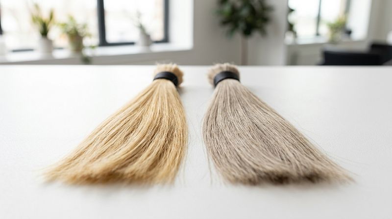 Dos mechones de pelo rubio sobre fondo blanco bajo luz natural: el de la izquierda con reflejo amarillo pajizo, el de la derecha neutro y frío