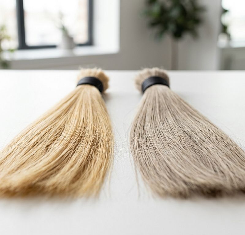 Dos mechones de pelo rubio sobre fondo blanco bajo luz natural: el de la izquierda con reflejo amarillo pajizo, el de la derecha neutro y frío