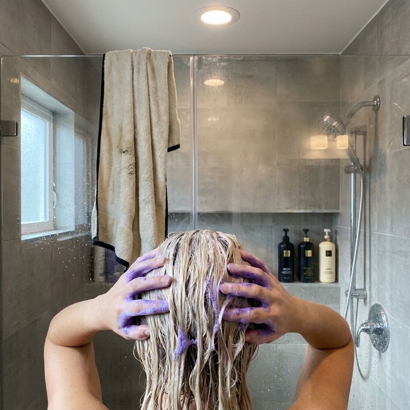 Manos repartiendo espuma violeta de champú morado sobre cabello rubio mojado en la ducha de casa, vista desde atrás