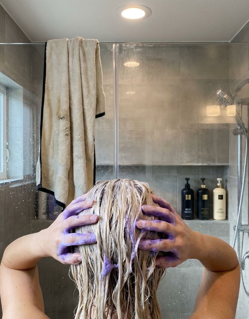 Manos repartiendo espuma violeta de champú morado sobre cabello rubio mojado en la ducha de casa, vista desde atrás