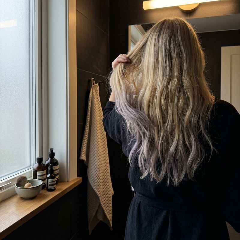 Mujer de espaldas en el baño de casa levantando su melena rubia hacia la luz de la ventana, con las puntas apagadas y violáceas por acumulación de pigmento