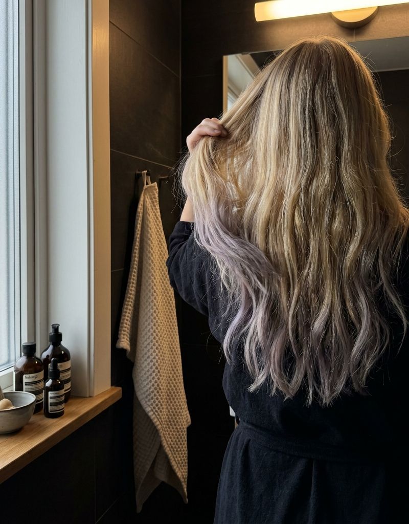 Mujer de espaldas en el baño de casa levantando su melena rubia hacia la luz de la ventana, con las puntas apagadas y violáceas por acumulación de pigmento