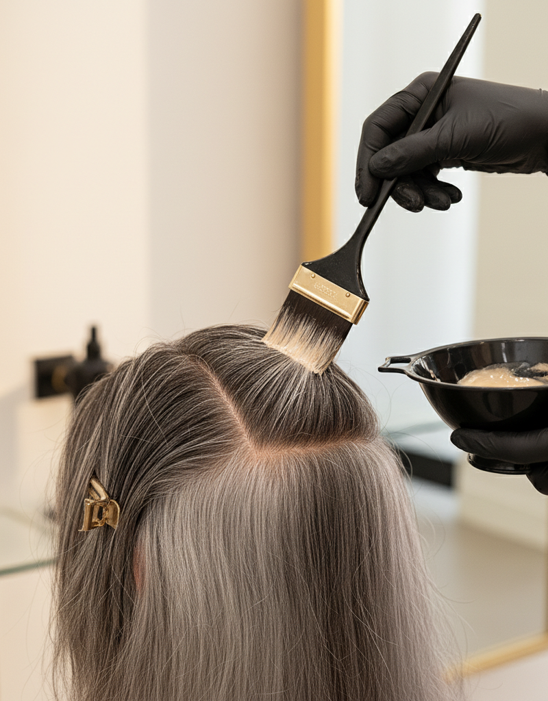 Tecnica de aplicacion de tinte en raices para maxima cobertura de canas