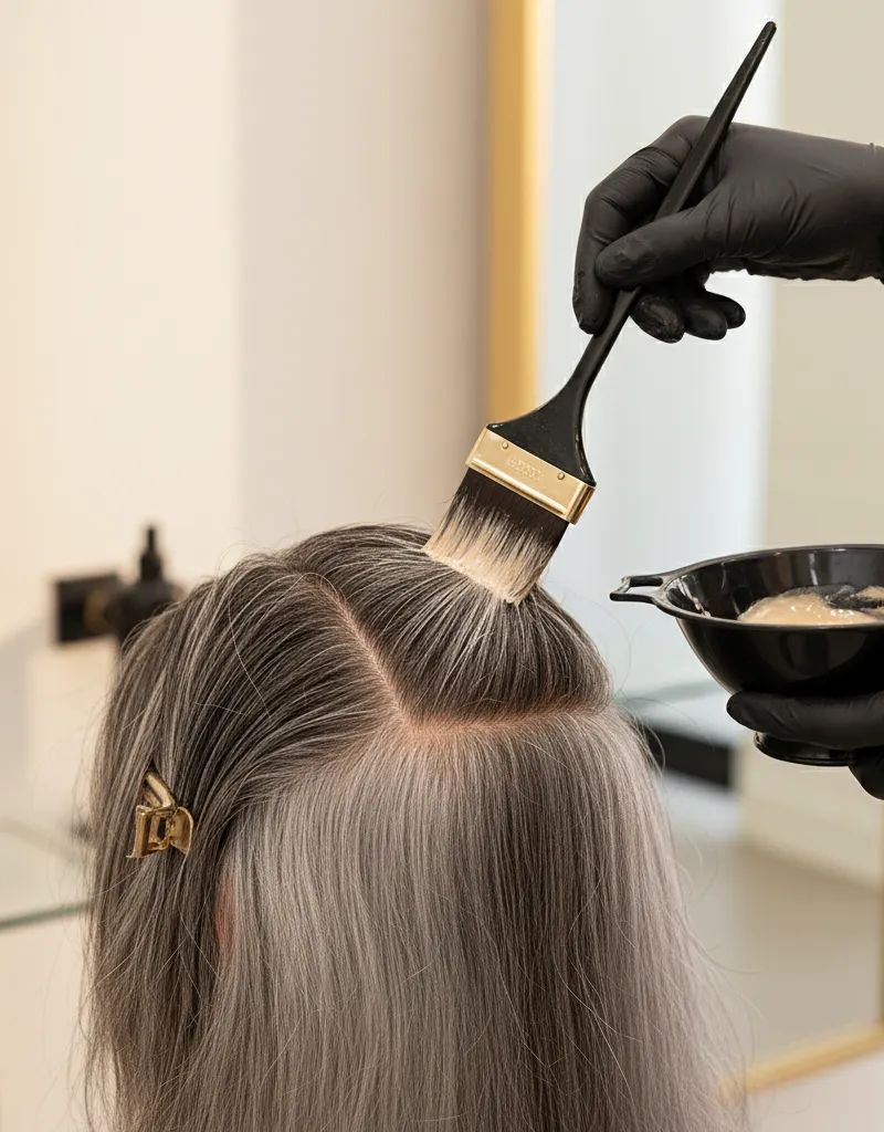 Tecnica de aplicacion de tinte en raices para maxima cobertura de canas