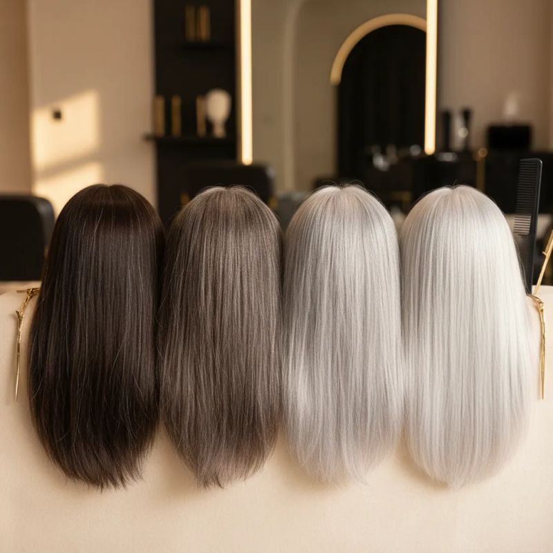 Different gray coverage levels: 25%, 50%, 75% and 100% gray hair