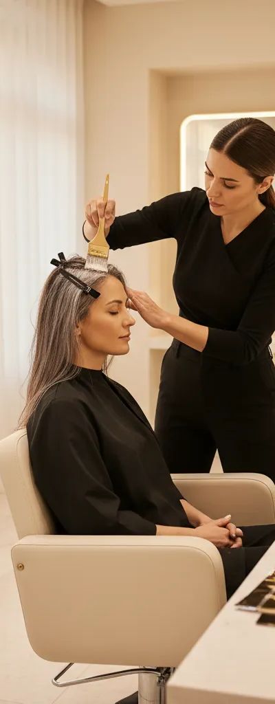 Colorista profesional aplicando tinte para cobertura de canas en salón