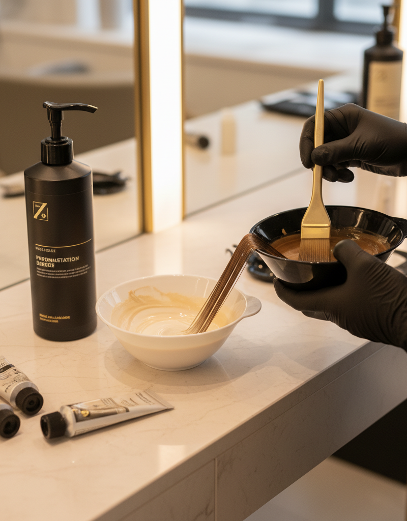 Técnica de pre-pigmentación para cobertura de canas mostrando mezcla de colores base