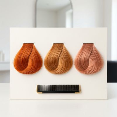 Três mechas lado a lado em cobre saturado, gengibre dourado e pêssego sob luz de salão