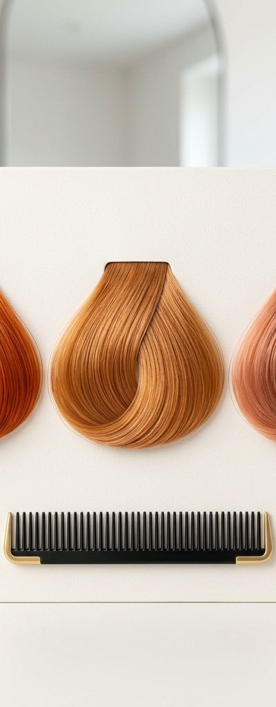 Three hair swatches side by side in saturated copper, golden ginger and peach baby copper under salon light