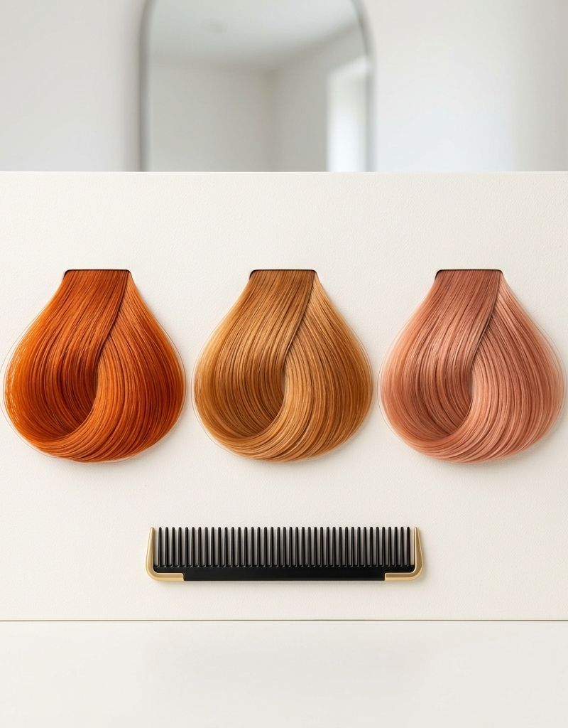 Three hair swatches side by side in saturated copper, golden ginger and peach baby copper under salon light
