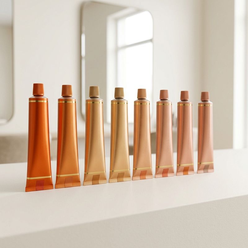 Eight hair color tubes in a row, from deep copper to peach, on a light salon counter
