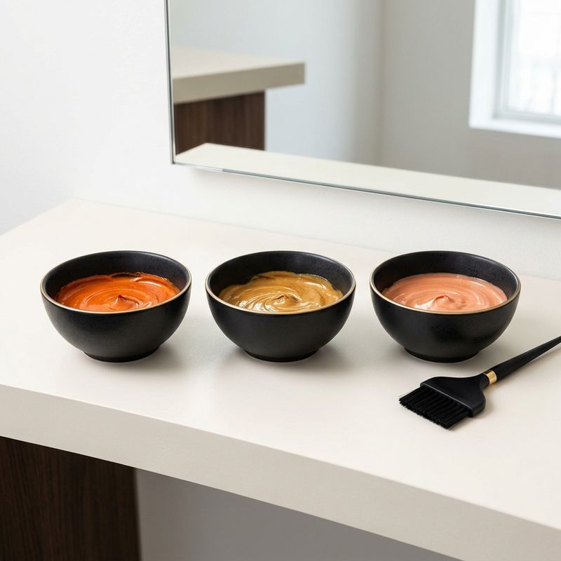 Three tint bowls with saturated copper, ginger and peach mixes side by side