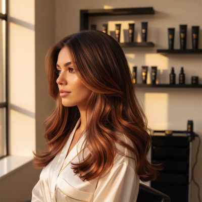 Cabelo escuro com reflexos acobreados vibrantes sob luz natural em salão profissional