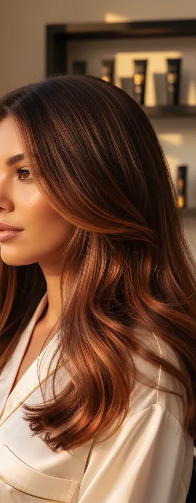 Cabello moreno con reflejos cobrizos vibrantes bajo luz natural en salón profesional