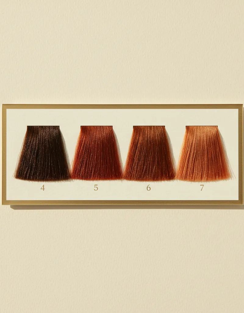 Escala de niveles de color mostrando la transición del castaño oscuro nivel 4 al cobrizo nivel 7 con fondos de aclaración