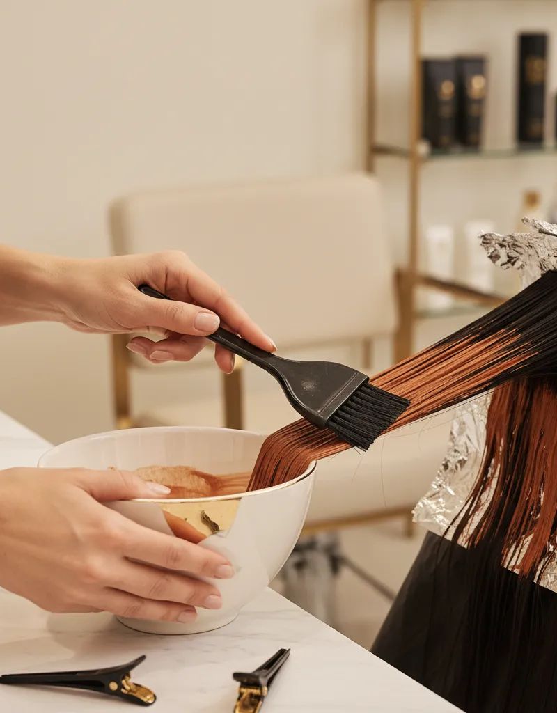 Colorista profesional aplicando tinte cobrizo sobre cabello oscuro con pincel y bowl en salón moderno