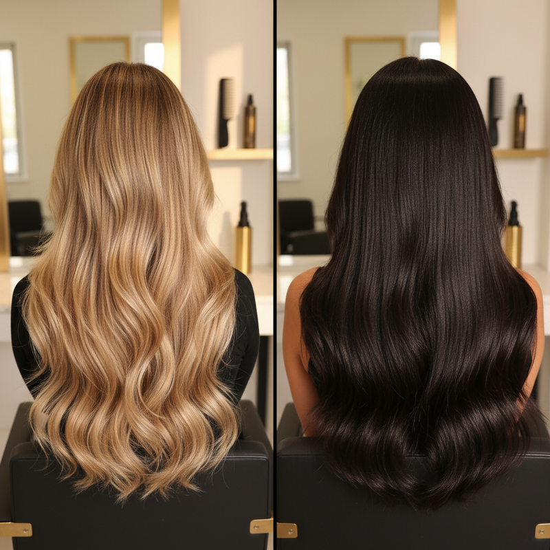 Visual comparison between balayage and color drenching results on the same hair length