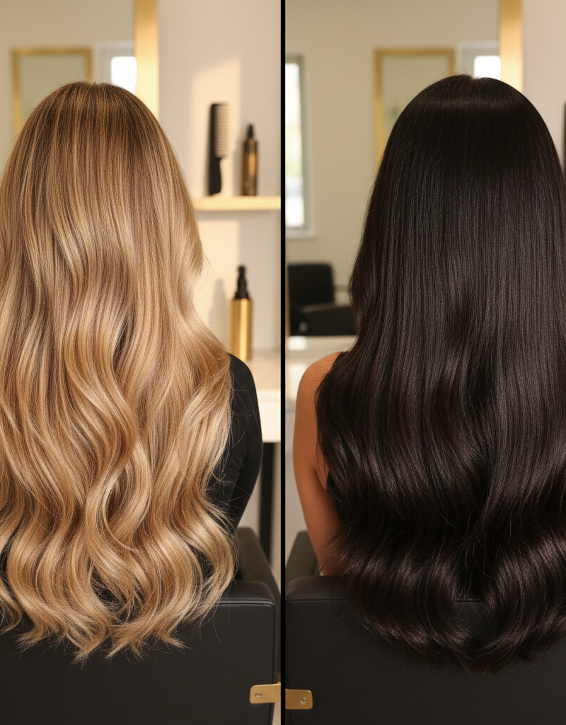 Visual comparison between balayage and color drenching results on the same hair length