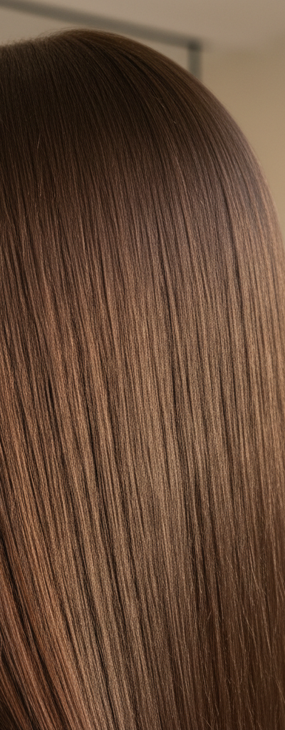 Hair with color drenching showing total root-to-tip saturation with intense shine