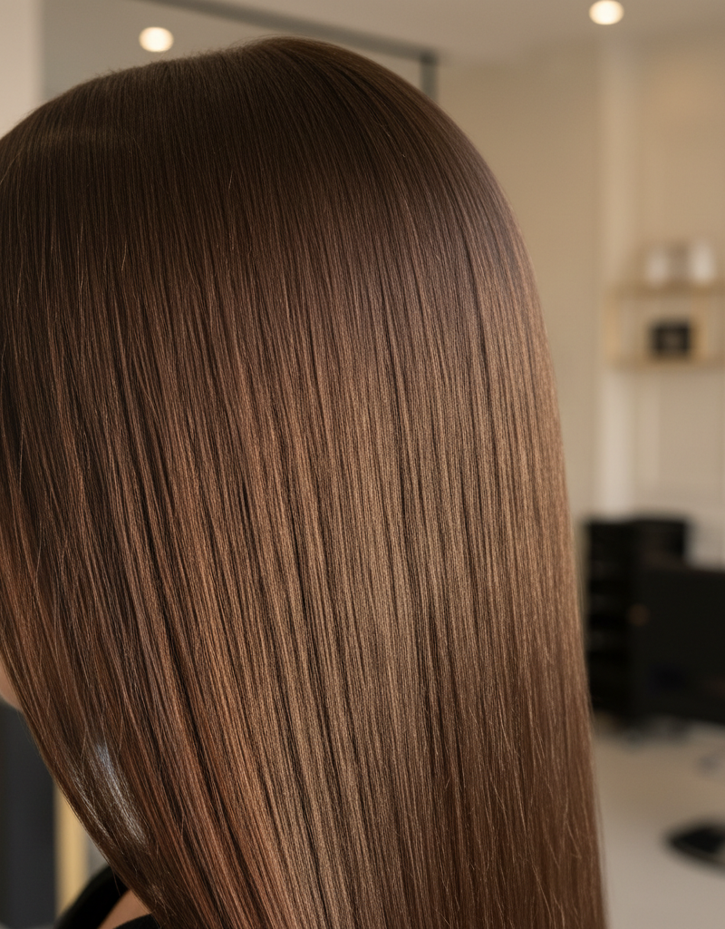 Hair with color drenching showing total root-to-tip saturation with intense shine