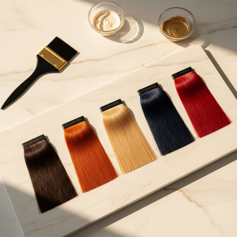 Palette of ideal color drenching shades with hair samples in different color families