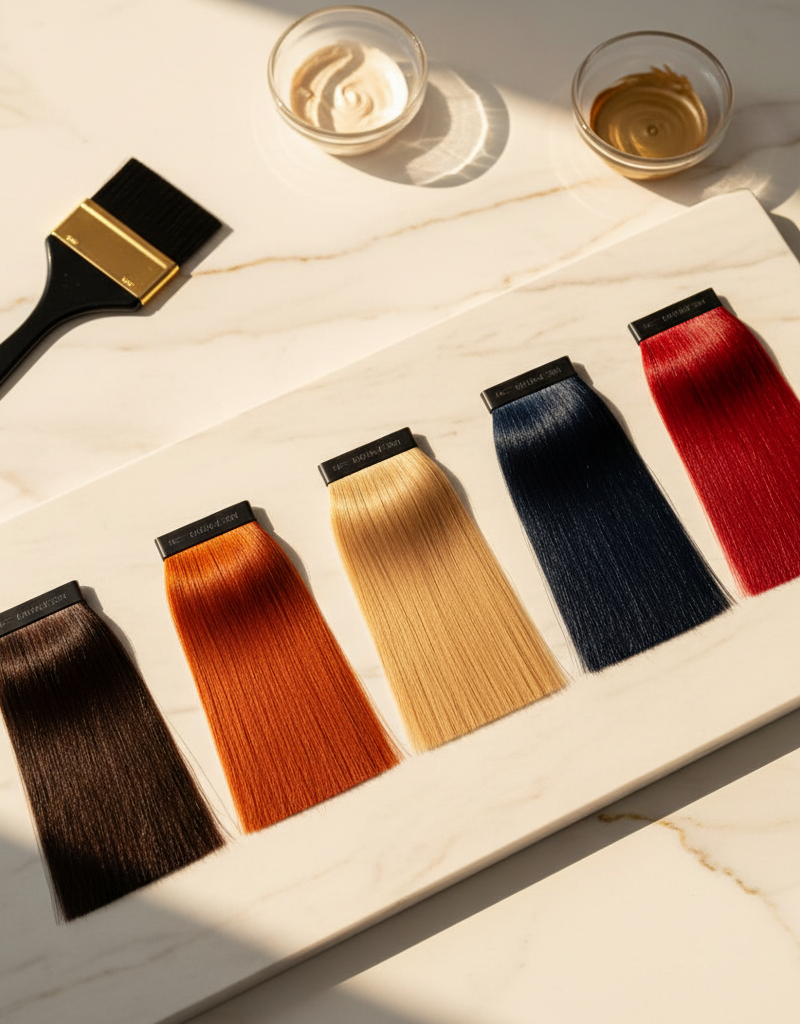 Palette of ideal color drenching shades with hair samples in different color families