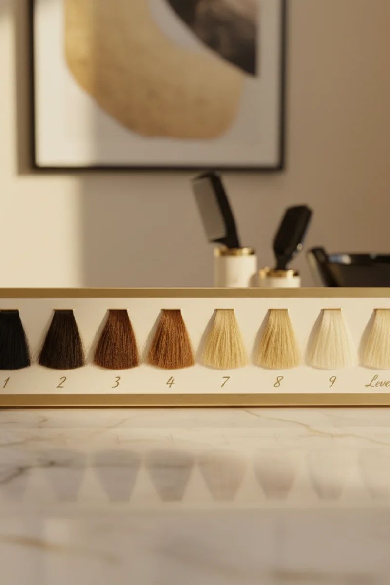 Professional hair color level swatch book showing levels 1 to 10