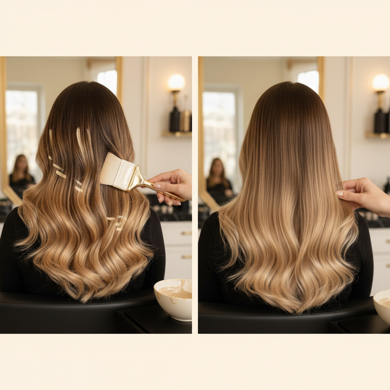 Comparação visual entre técnica balayage e color melting mostrando a diferença nas transições