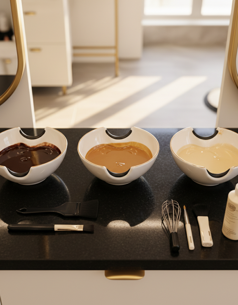 Tres bowls de mezcla mostrando la progresión de tonos para color melting: oscuro, intermedio y claro