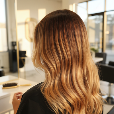 Cabelo com transição de color melting mostrando degradê invisível entre tons sob luz profissional quente
