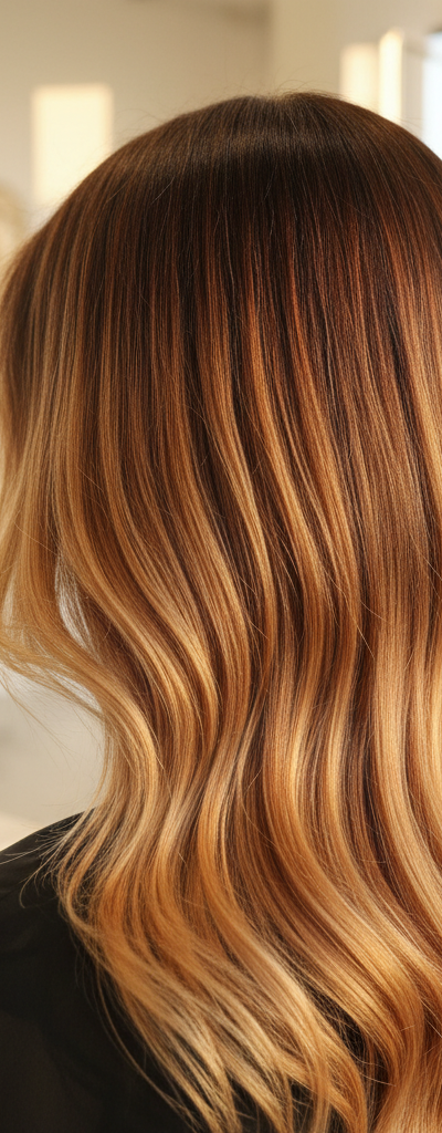 Cabello con transición de color melting mostrando degradado invisible entre tonos bajo luz profesional cálida