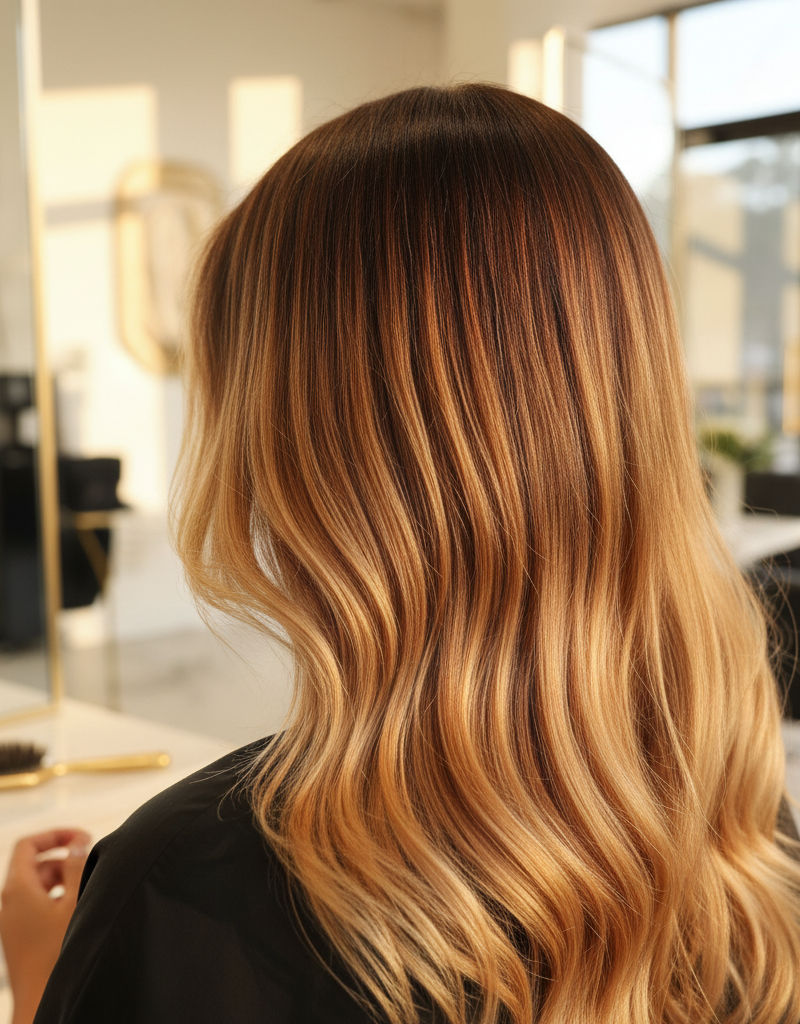 Cabello con transición de color melting mostrando degradado invisible entre tonos bajo luz profesional cálida