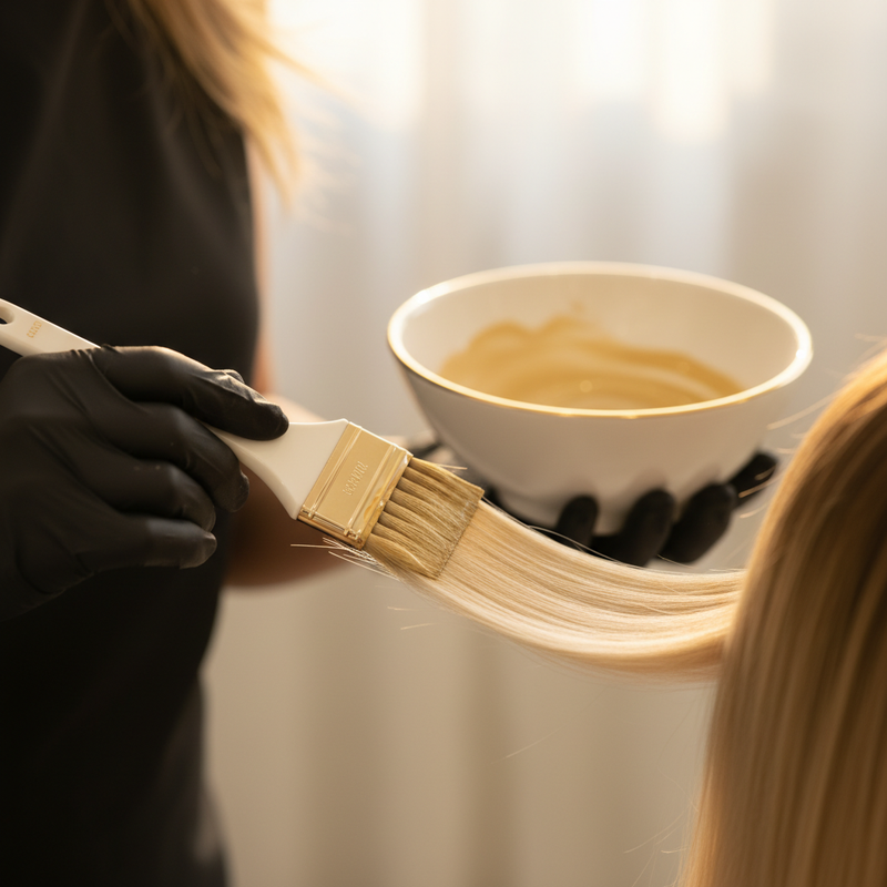 Mãos de colorista profissional esfumaçando tons com pincel na zona de transição durante color melting