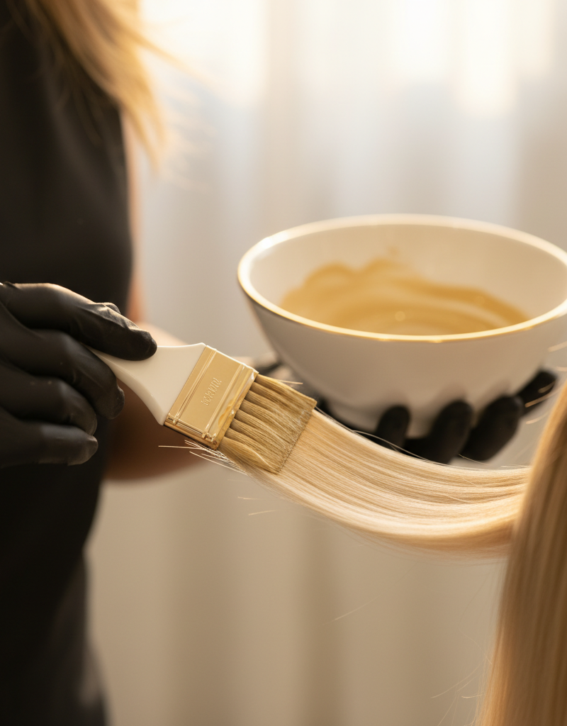 Manos de colorista profesional difuminando tonos con pincel en zona de transición durante color melting