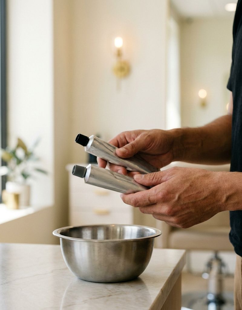 Professional colorist holding two tubes of the same brand's hair color next to a mixing bowl at the salon workstation