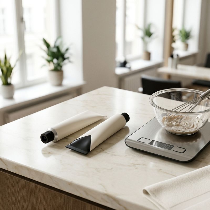 Two tubes of the same hair color brand on the counter, one from the standard line and one from the maximum-lift line, next to a scale and a mixing bowl