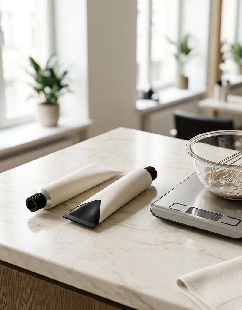 Two tubes of the same hair color brand on the counter, one from the standard line and one from the maximum-lift line, next to a scale and a mixing bowl