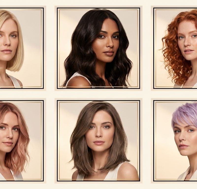 Cuadrícula con 6 colores de pelo tendencia 2026: butter blonde, espresso, copper, rose gold, mushroom brown y lavanda, cada uno en una mujer diferente con estética editorial de revista