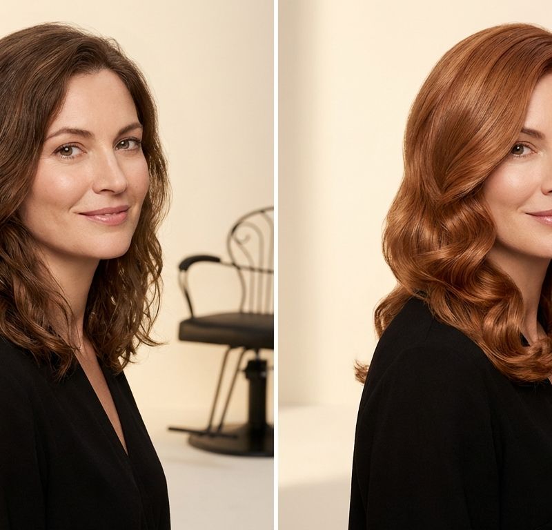 Díptico antes y después de transformación capilar: mujer pasando de castaño natural a cobrizo cálido, retrato de estudio fotorrealista lado a lado