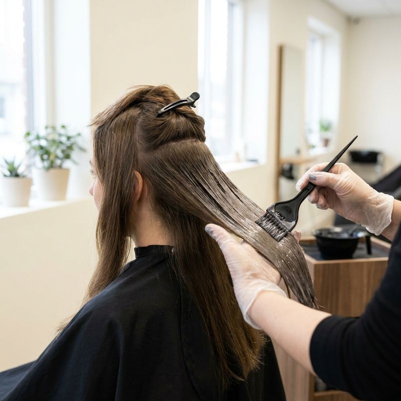 Hands in clear gloves spreading ash cream with a flat brush along the lengths of a section of natural brown hair, on a person seated in profile in a salon