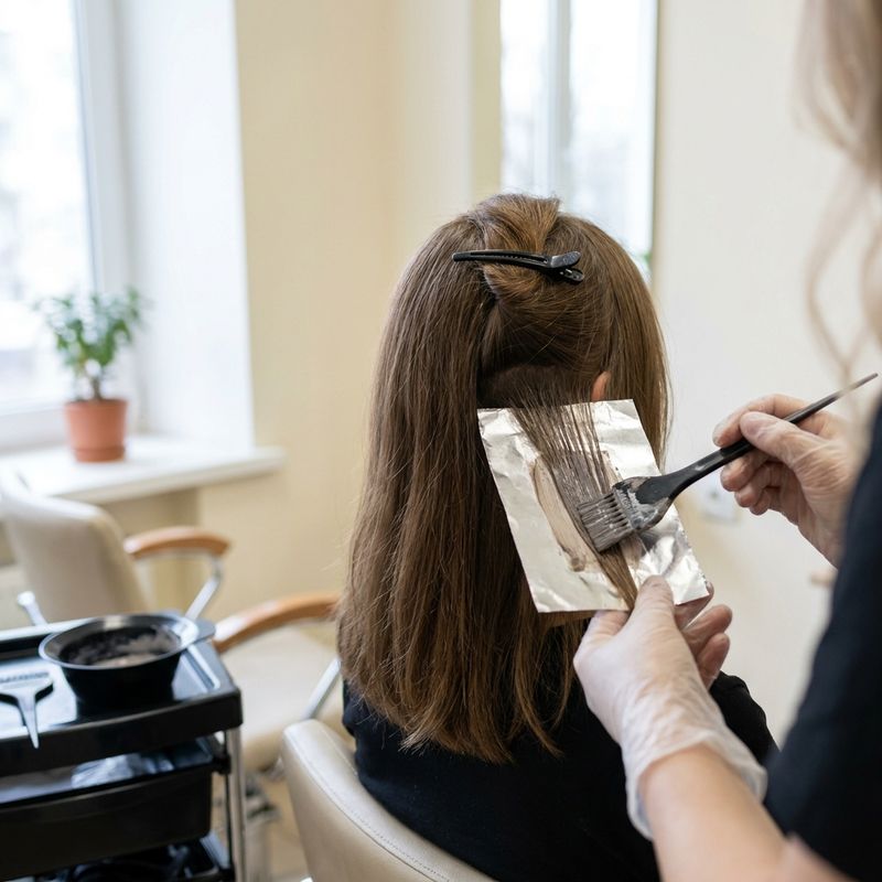 Hands in clear gloves brushing color onto a thin strand resting on a piece of foil, as a test before coloring the whole head